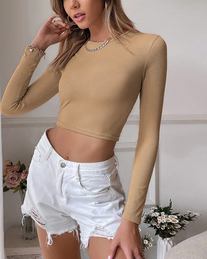 Backless Casual Short Slim Fit Knitted Long-Sleeved T-Shirt Top Khaki