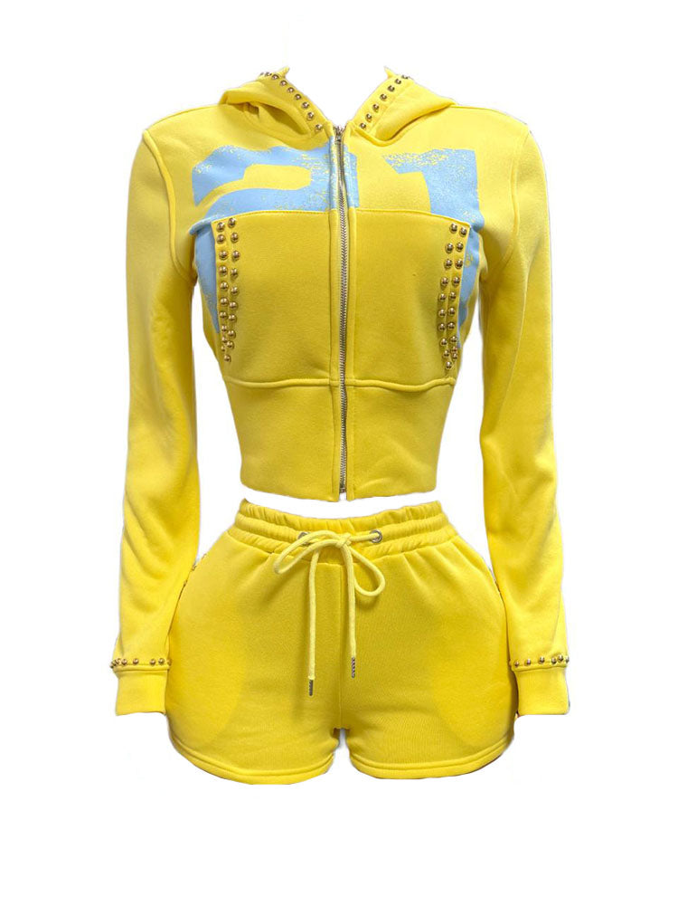 Studded Hoodie Jacket & Shorts Set