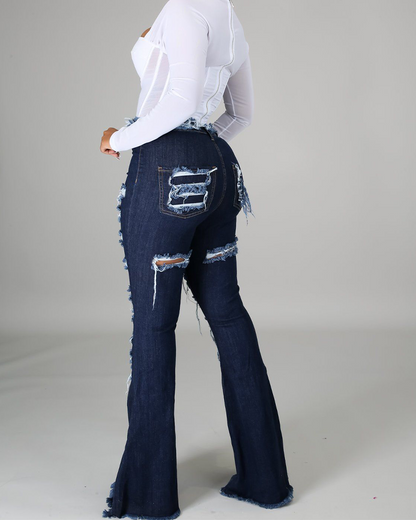 High-Waisted Broken Hole Flared Jeans