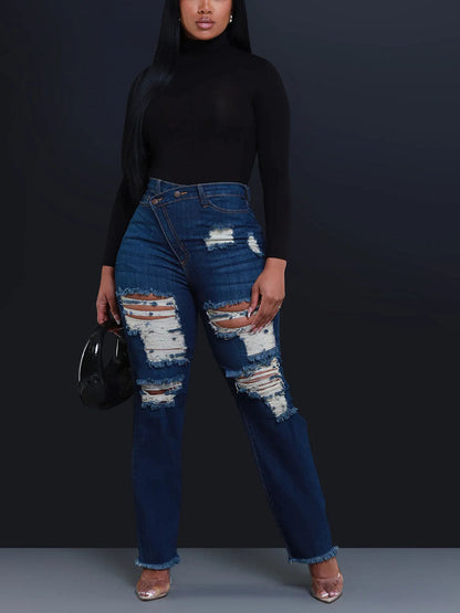 Distressed Asymmetrical Zip Jeans
