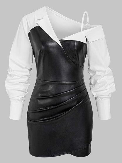 Asymmetrical Ruched Faux-Leather Combo Mini Dress