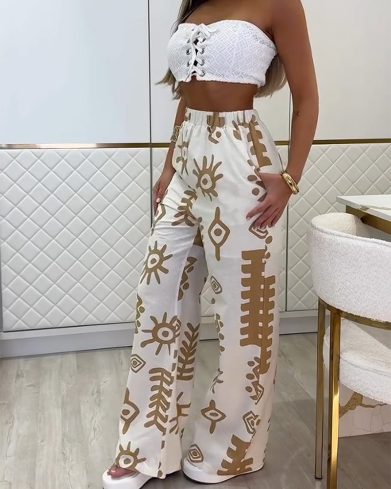 Lace-Up Tube Top Print High-Waisted Trouser Set (Pre-Sale)