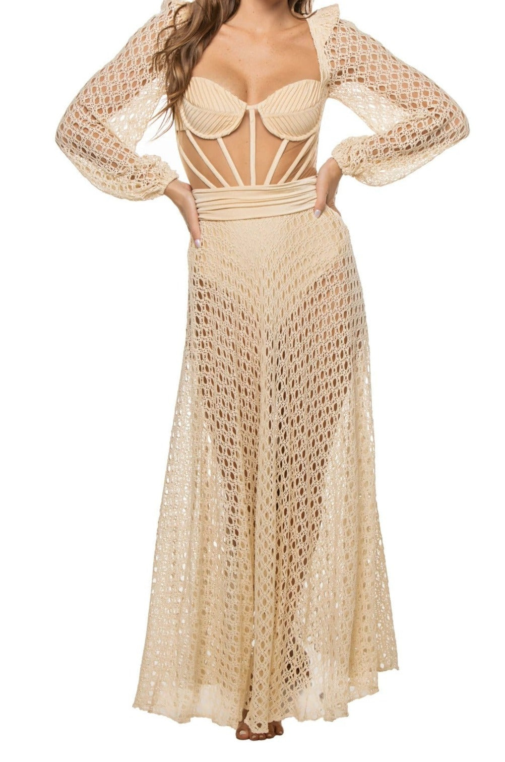 Natural Cutout Stretch-jersey And Crochet-knit Maxi swimsuit