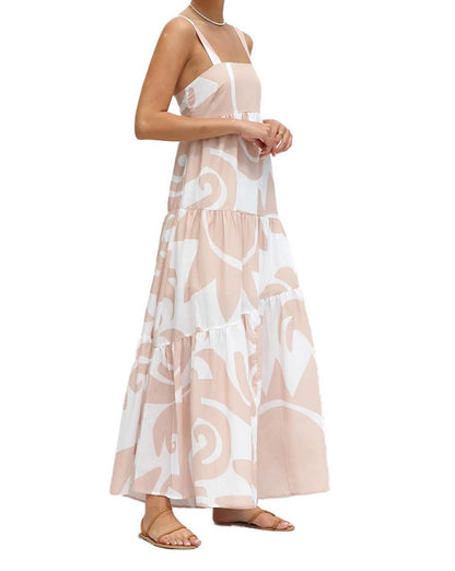 Simple Printed Suspender Maxi Dress with Large Skirt