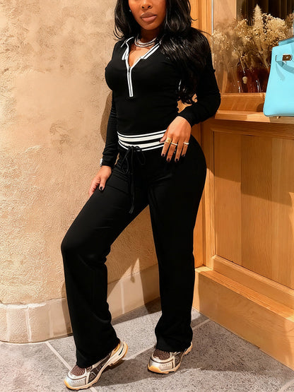 Contrast Polo Crop Top & Flared Pants Set