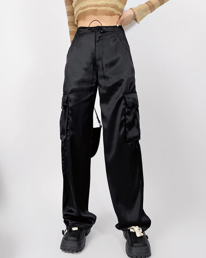 Loose Straight High-Waisted Casual Satin Overalls