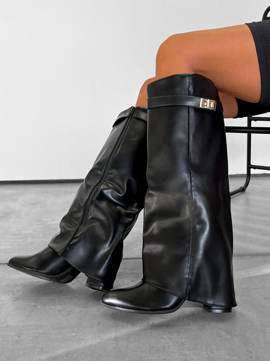 Fold Chunky Heel Knee High Boots
