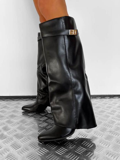Fold Chunky Heel Knee High Boots