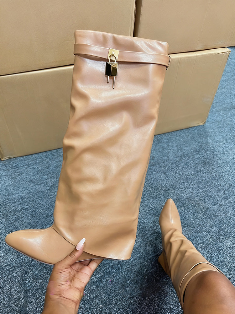 Lock & Key Leather Wedge Heel Boots