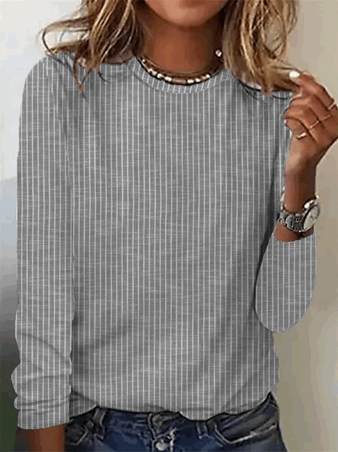 Striped Loose Casual Crew Neck T-Shirt Grey