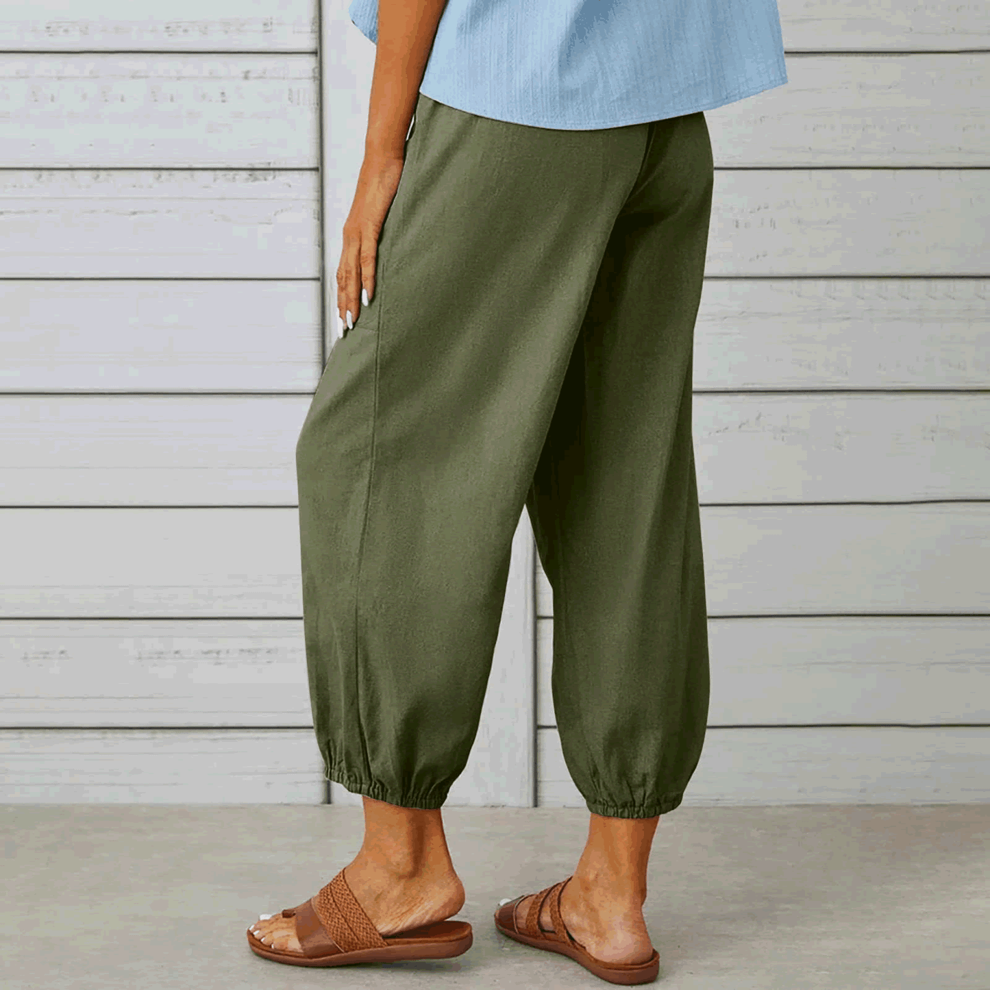 Women's Linen Cotton Pocket Ruffle Casual Pants Wide Leg Pants