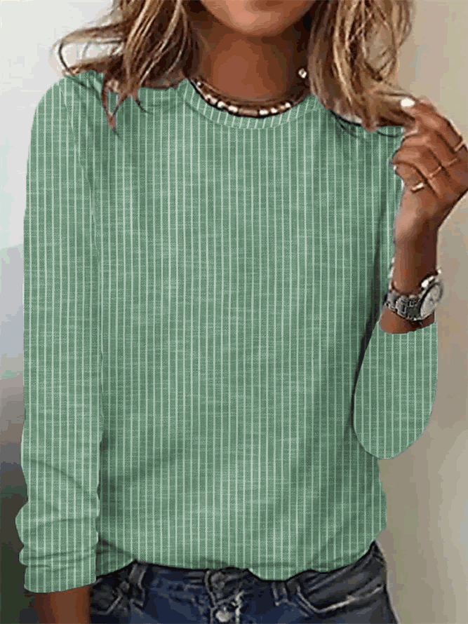 Striped Loose Casual Crew Neck T-Shirt Green