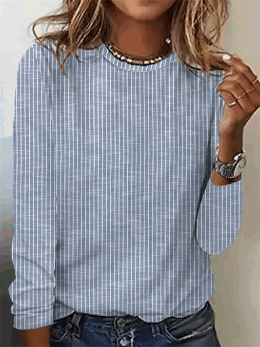 Striped Loose Casual Crew Neck T-Shirt Blue