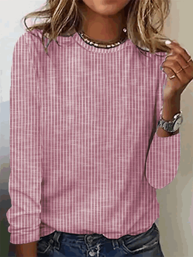 Striped Loose Casual Crew Neck T-Shirt Pink