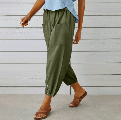 Women's Linen Cotton Pocket Ruffle Casual Pants Wide Leg Pants