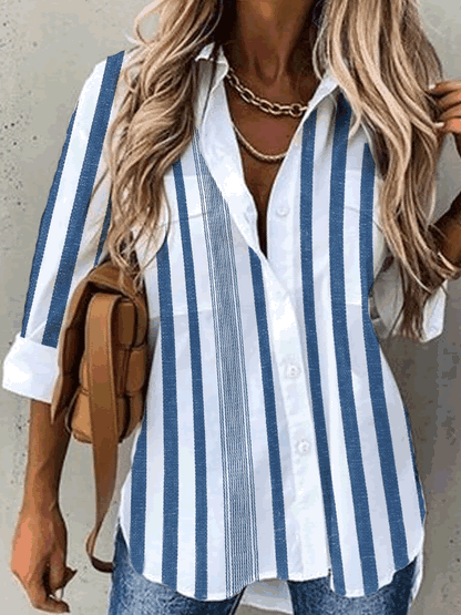 women's Stripes Long Sleeve casual loose shirts Blue