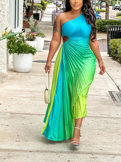 Gradient One Shoulder Pleated Dress