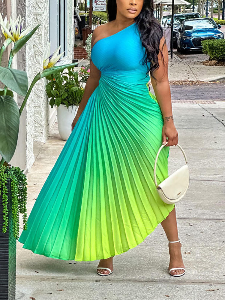 Gradient One Shoulder Pleated Dress