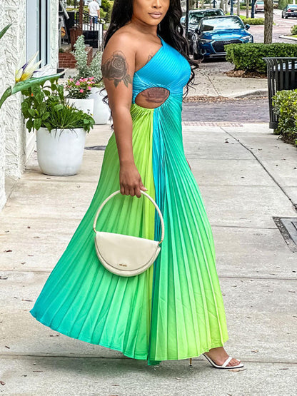 Gradient One Shoulder Pleated Dress