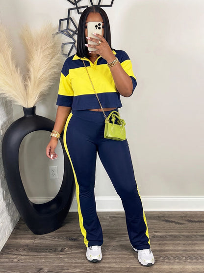 Colorblock Cropped Polo Top & Flare Leggings Set