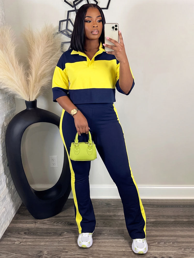 Colorblock Cropped Polo Top & Flare Leggings Set