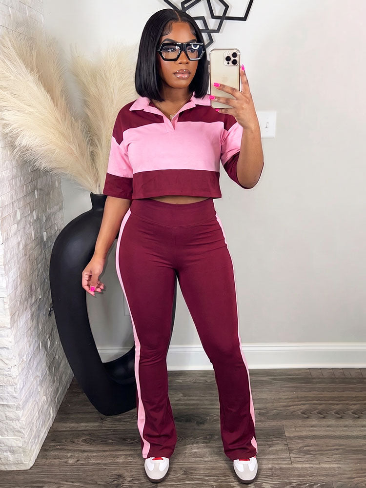 Colorblock Cropped Polo Top & Flare Leggings Set