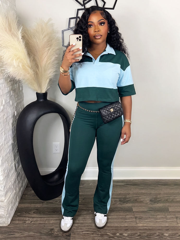 Colorblock Cropped Polo Top & Flare Leggings Set