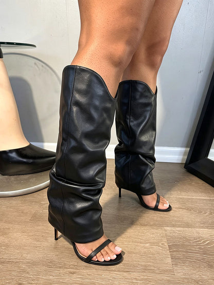 Leather Slouchy Overlay Stiletto Boots