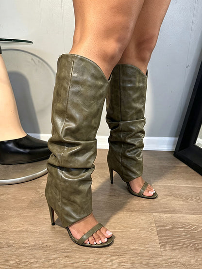 Leather Slouchy Overlay Stiletto Boots