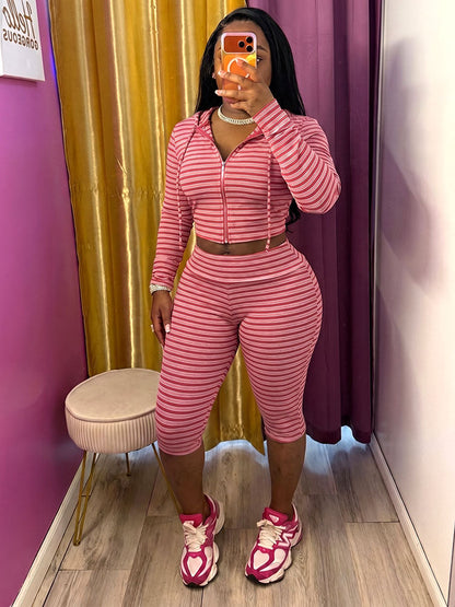 Striped Ribbed Hoodie & Capri Leggings Set