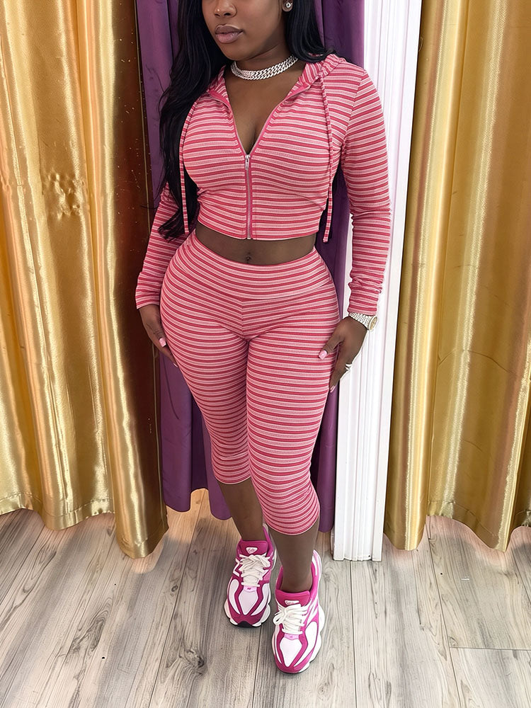 Striped Ribbed Hoodie & Capri Leggings Set