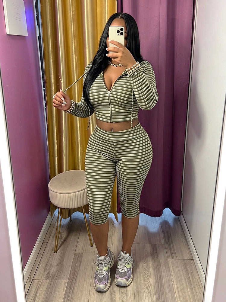Striped Ribbed Hoodie & Capri Leggings Set