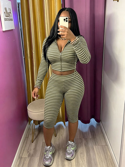Striped Ribbed Hoodie & Capri Leggings Set