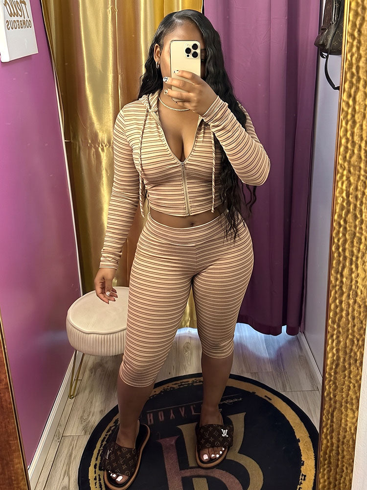 Striped Ribbed Hoodie & Capri Leggings Set
