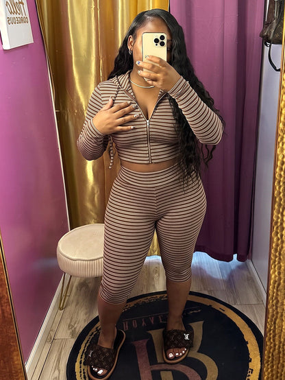 Striped Ribbed Hoodie & Capri Leggings Set