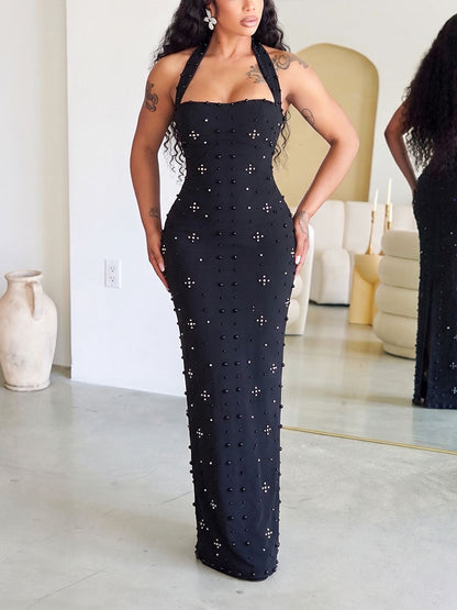 Pearl Embellished Halter Maxi Dress