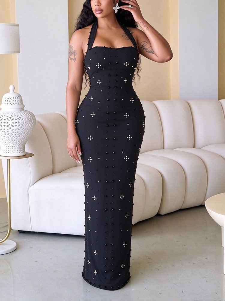 Pearl Embellished Halter Maxi Dress