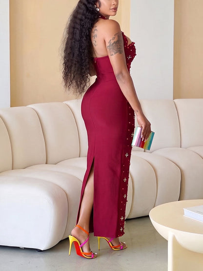 Pearl Embellished Halter Maxi Dress