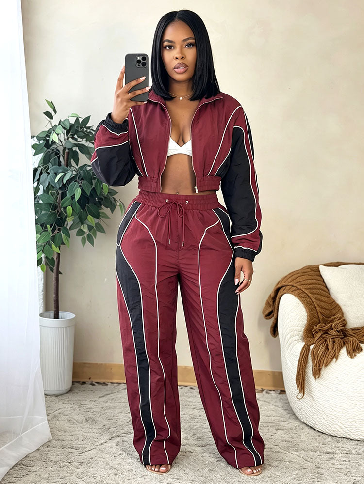 Contrast Windbreaker Jacket & Wide Pants Set