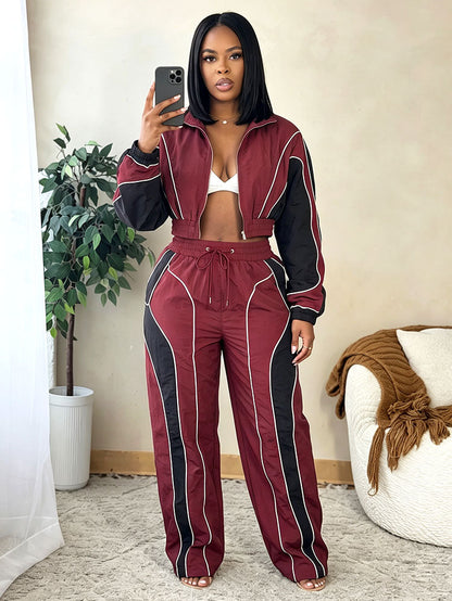 Contrast Windbreaker Jacket & Wide Pants Set