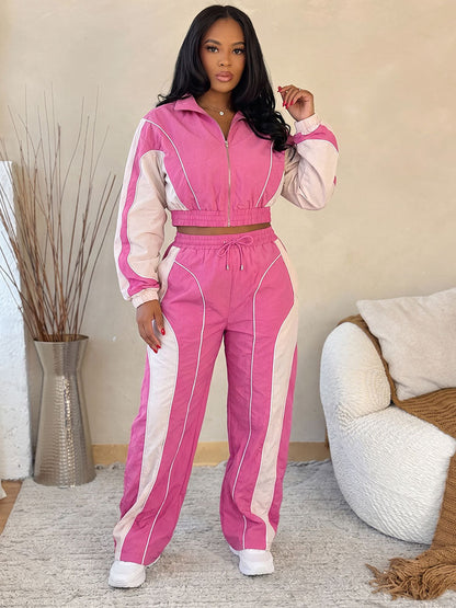Contrast Windbreaker Jacket & Wide Pants Set