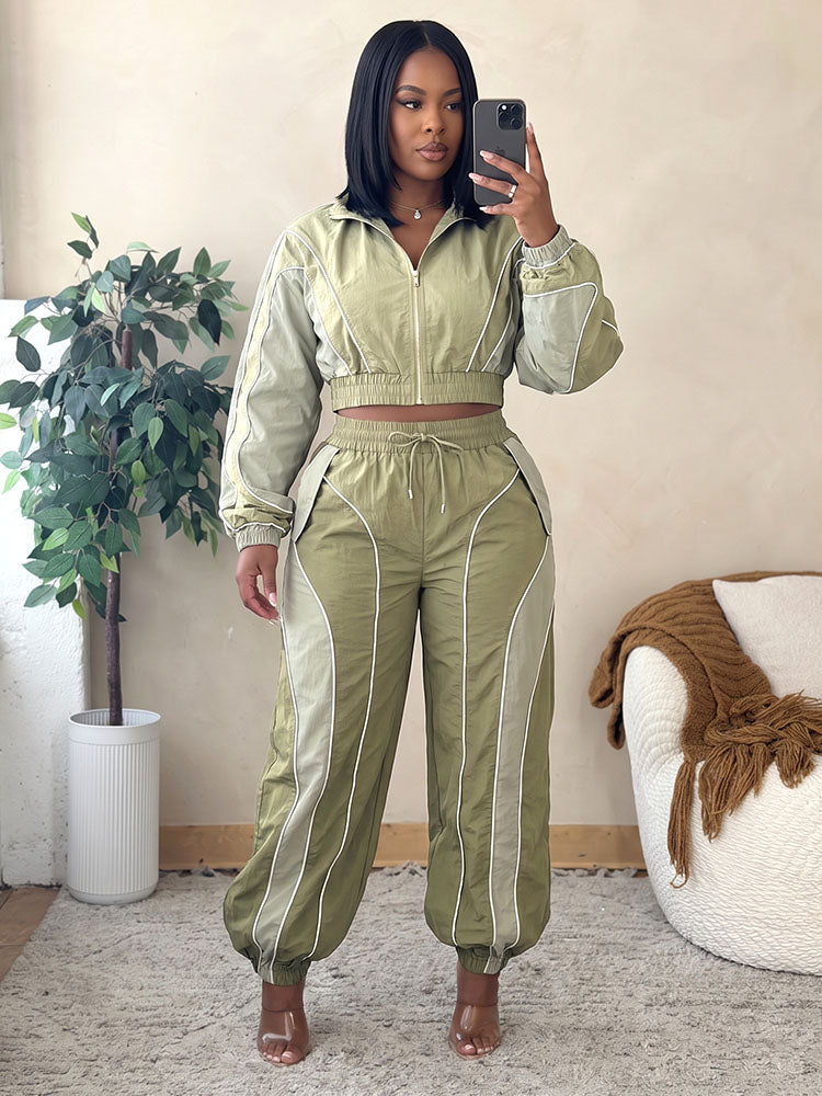 Contrast Windbreaker Jacket & Wide Pants Set