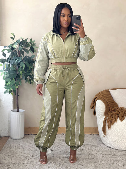Contrast Windbreaker Jacket & Wide Pants Set