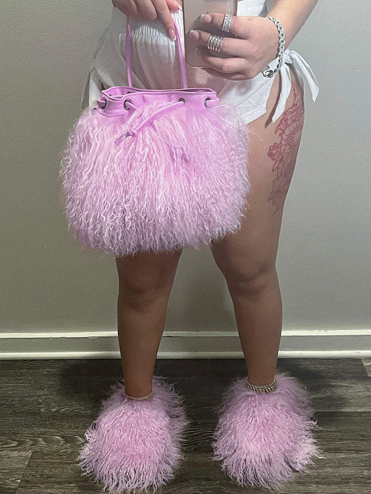 Fluffy Fur Bag & Slides Set
