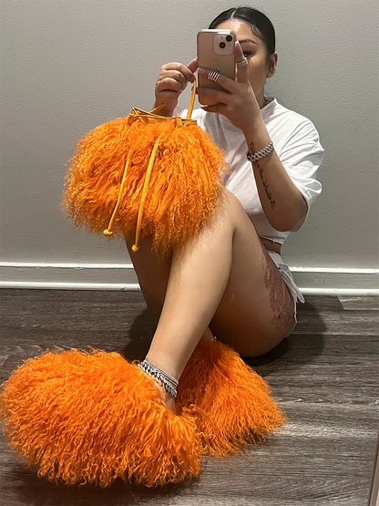 Fluffy Fur Bag & Slides Set