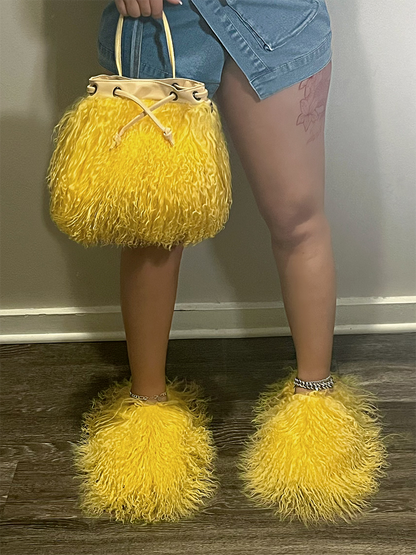 Fluffy Fur Bag & Slides Set