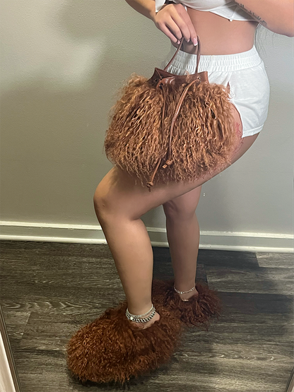 Fluffy Fur Bag & Slides Set