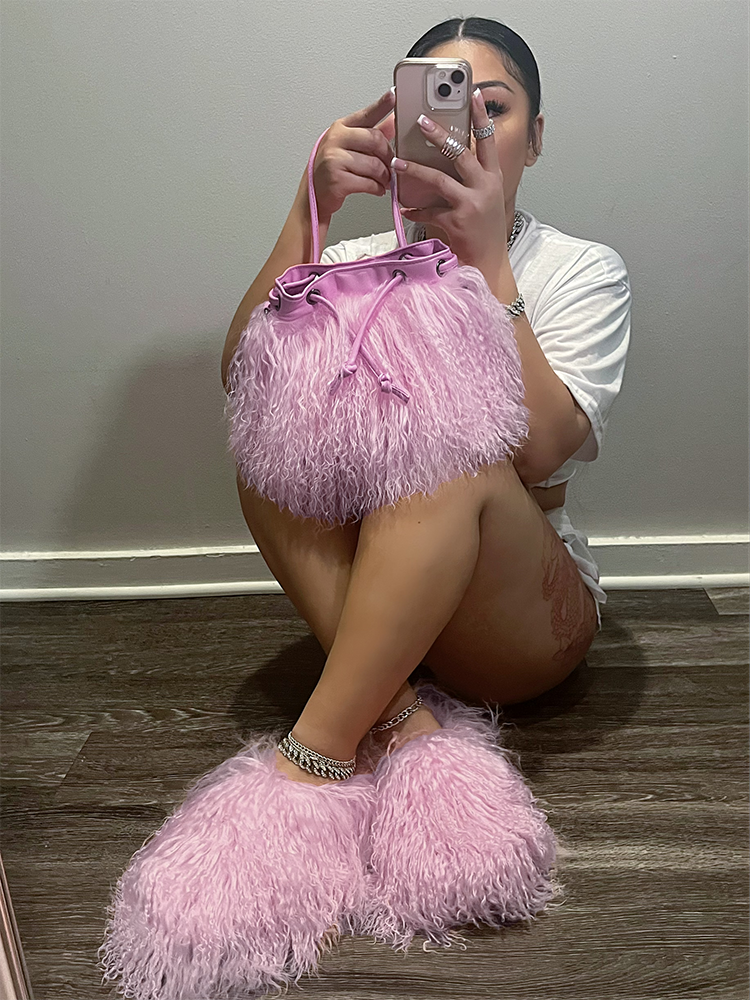 Fluffy Fur Bag & Slides Set