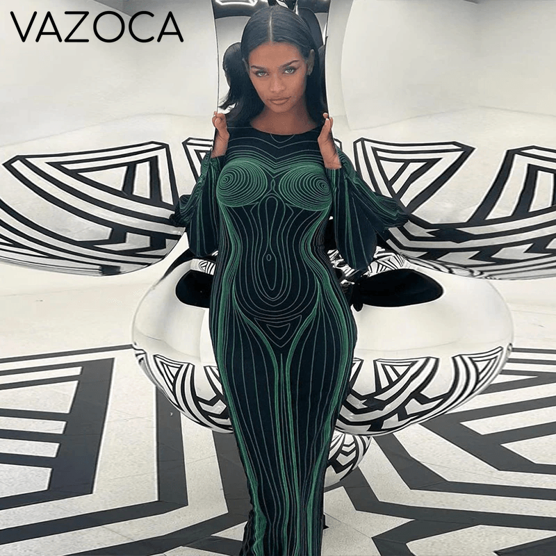 Wave Body Print Maxi Dress