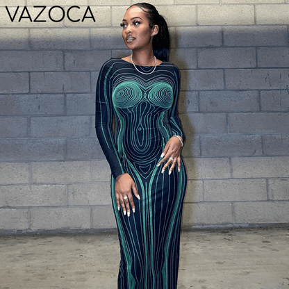 Wave Body Print Maxi Dress